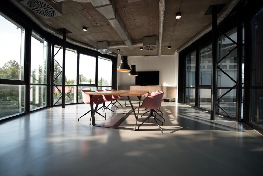 Modern suburban commercial office park interior under modified gross lease structure